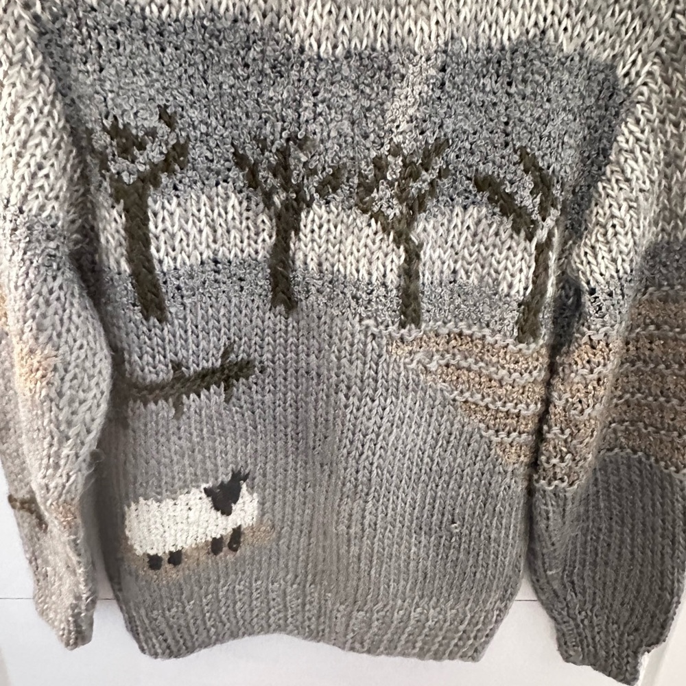 VTG M NORTHPOIN RARE charming landscape sheep pastoral hand knit cardigan - Picture 10 of 11